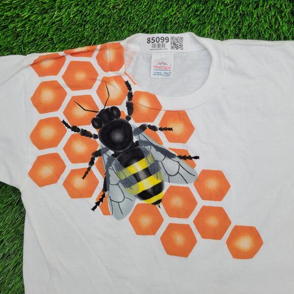 Vintage 90s Bee Honeycomb Shirt S/M 18x25 White USA Bumblebee - Picture 9 of 12